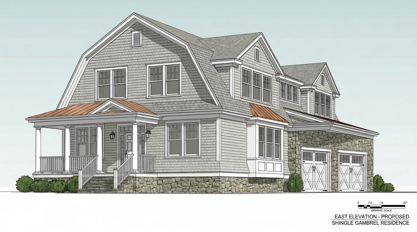 The L-shaped entry wing elevation rendering of 100 Pine Top Road