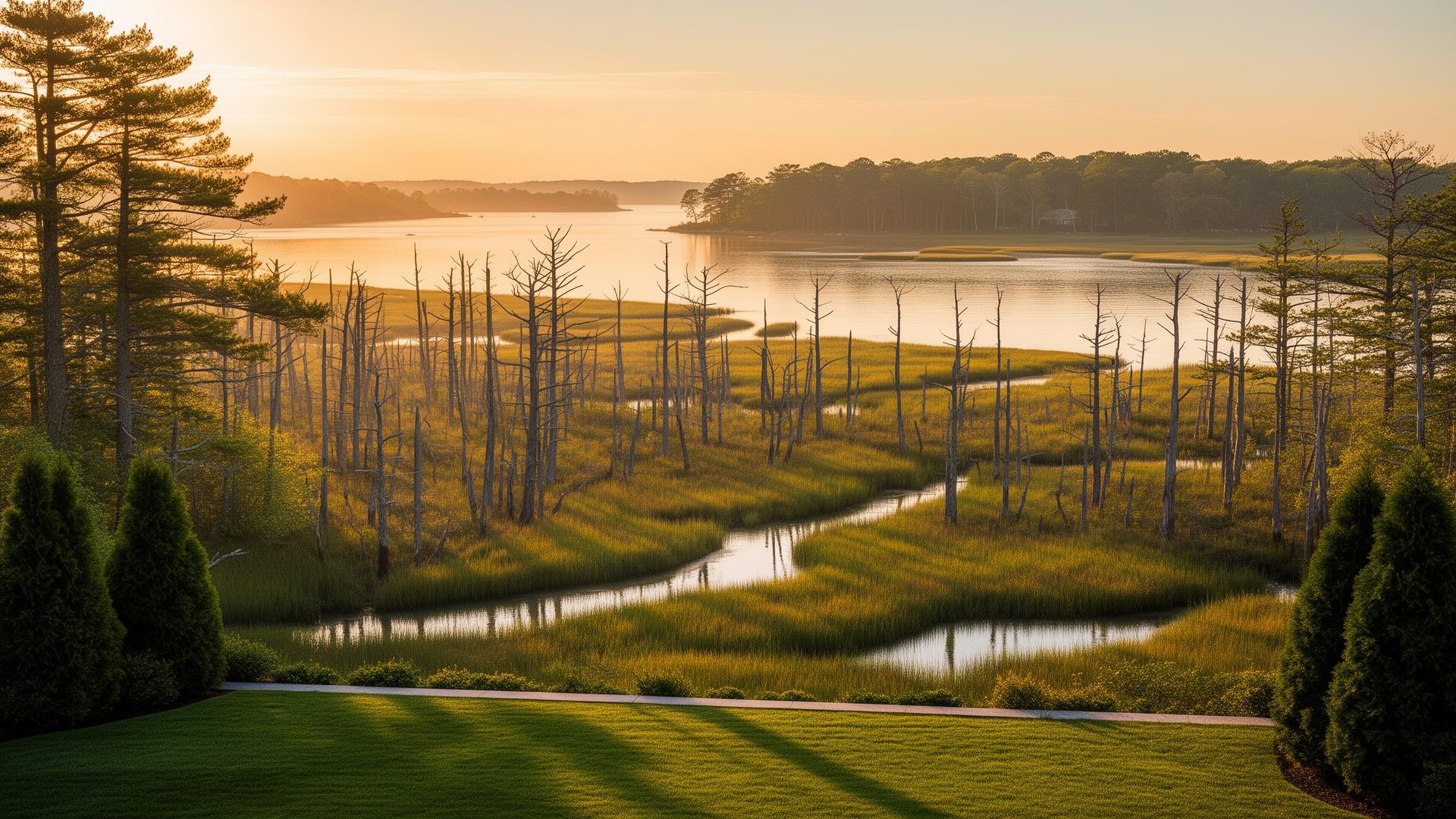 Golden-hour view west across One Hundred Acre Cove from 100 Pine Top Road